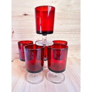 Vintage ruby red stemmed glasses, set of 6, Mid Century Modern barware France